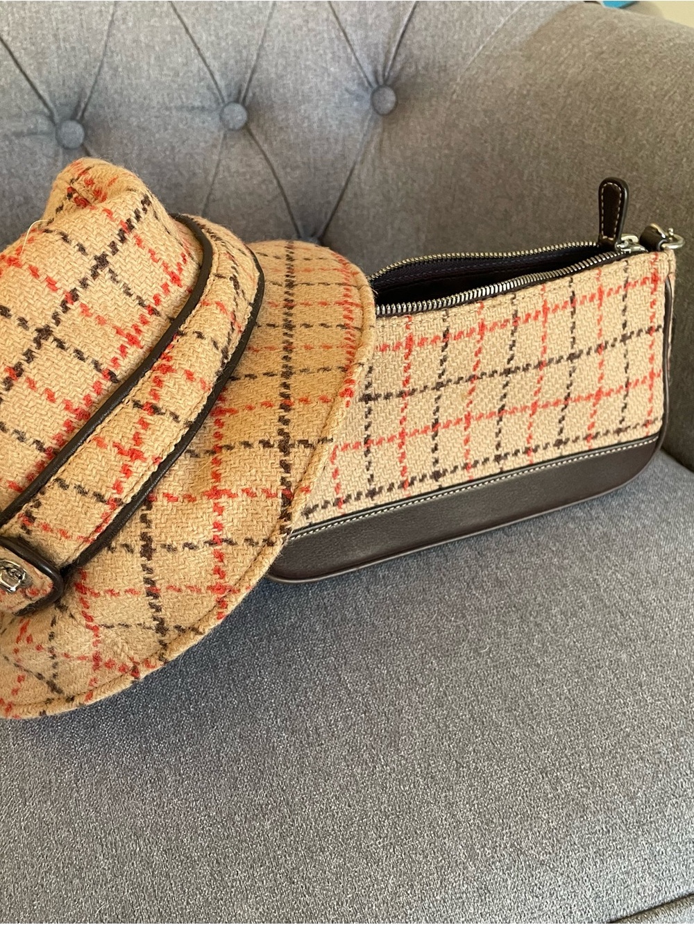 Vintage Coach wool plaid bucket hat & wristlet purse set